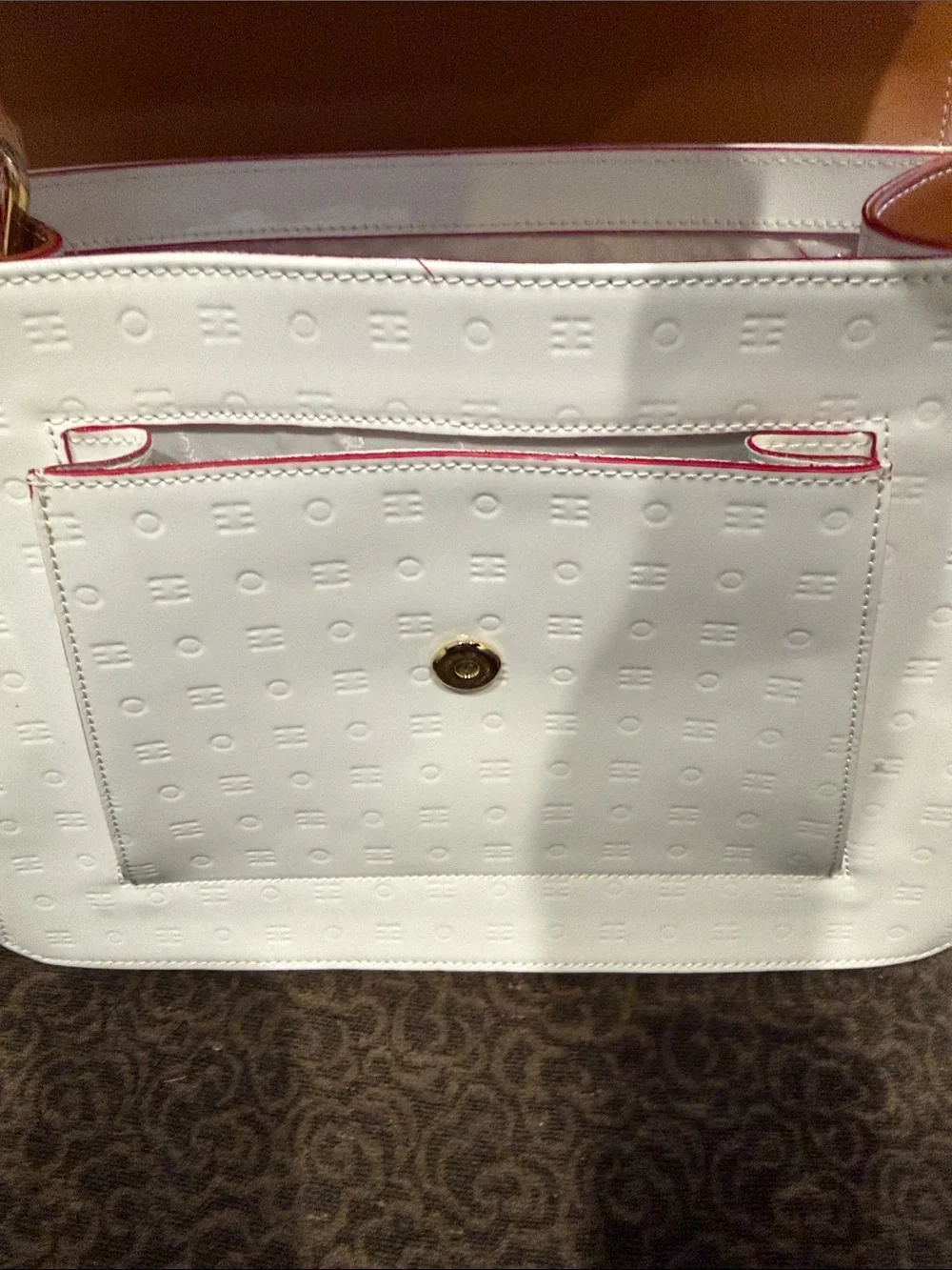 Arcadia White Patent Satchel with Tan Top Handle and Gold Hardware